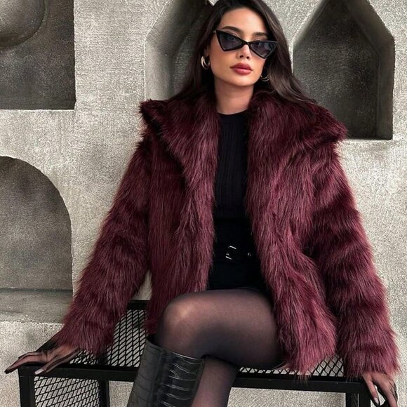 Jackets & Blazers - Burgundy Casual Women's Ladies Luxury Coat Warm Fluffy faux fur Coat